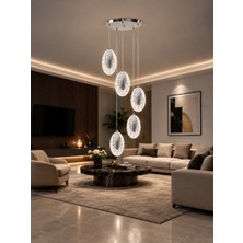 Markatech Elmas Krom Modern 5'li Sarkıt Kumandalı Dimmerli 3 Renk Ledli Avize