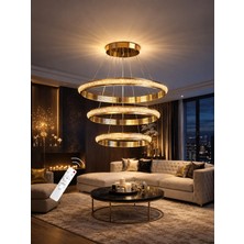 Markatech Ottoman Cristalya Gold Kaplama Kalın Çizgili Kumandalı Dimmerli 3 Renk LED Sarkıt Avize, Çap 50 cm