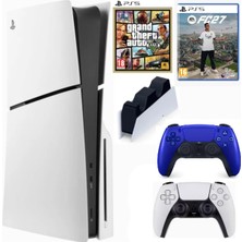 Sony Playstation 5 Slim Cdli + 2.kol Dualsense Cobalt Mavi + Şarj Istasyonu + Gta 5 + Ps5 FC27 (Ithalatçı Garantili)