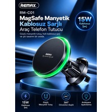 Remax RM-C01 15W Magsafe Manyetik Kablosuz Şarjlı Araç Telefon Tutucu 360° Döner Başlık LED Işıklı Siyah