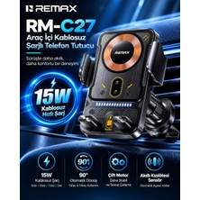 Remax RM-C27 15W Kablosuz Şarjlı Araç Telefon Tutucu 90° Motorlu Dönüş, Akıllı Sensörlü Otomatik Kavrama, Siyah