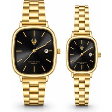 Watch of Royal Çift Saati Classic Time Gold Black Kol Saati