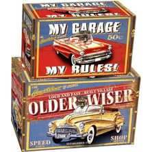 Tr Ahşap Vintage Sandık Seti, 'my Garage My Rules' ve 'older Wiser' Temalı, Rustik Baskılı, 2'li Set, Büyük 35X25X16 Cm, Küçük 30X20X14 cm