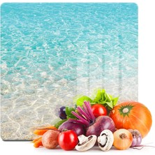 Tr Cam Kesme Tahtası ve Sunumluk Kare Deniz Kum Sahil Desenli 30X30 cm
