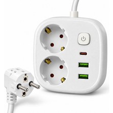 Tr 2 Metre Termal Akım Korumalı 2'li Priz Çoklayıcı, 2 USB 1 Type-C Girişli 16A 4000W Ikili Dönüştürücü Uzatma Kablosu 2 Adet Anahtarlı Giriş, Çocuk ve Isı Koruması, Masaüstü Duvar Çoklu Prizi