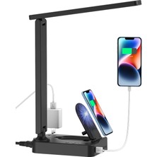 Tr Kablosuz Şarj Cihazlı LED Masa Lambası, USB Şarj Girişli ve 2 Çıkışlı Masa Lambası, 3 Aydınlatma Modu, 3 Seviye Parlaklık, 1h Zamanlayıcı, Dokunmatik Kontrol, Göz Bakımı Ev Ofis Katlanabilir