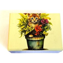 Tr Hülya 6683 2378 El Yapımı Nostaljik Retro Kedi Baskılı Kare Ahşap Dekoratif Saklama/takı Kutusu - Mavi