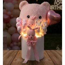 Ceylan Adam Deluxe LED Işıklı Peluş Ayı Yastıklı Silindir Kutuda Peluş Ayıcık ve Tavşan Buketi, Pembe, Standart Beden