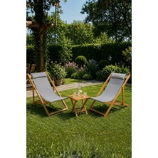 Ceylan Adam Ahşap Katlanır Şezlong Set, 2 Şezlong ve 1 Sehpa, Gri Minderli, Gürgen, Balkon, Bahçe, Teras ve Plaj Için, Modern Stil