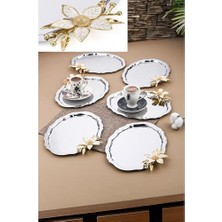 Ceylan Adam 6 Adet Oval Papatya Çiçekli Kahve-Çay Servis ve Sunum Tepsisi 25X20 Cm, Gümüş
