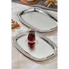 Ceylan Adam 2'li Metal Oval Gümüş Sunum Tepsisi, 43X30 cm ve 36X26 Cm, Desenli CKR-3566