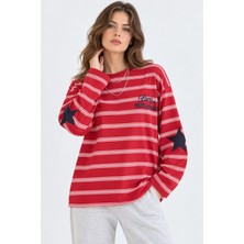 Mevese Kadın Oversize Paris Baskılı Çizgili Bisiklet Yaka Sweatshirt - Kırmızı