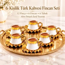 Ceylan Adam 6 Kişilik 12 Parça Türk Kahvesi Fincan Seti 100 ml Beyaz Gold Detaylı Porselen