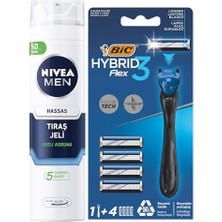 Ceylan Adam Men Hassas Tıraş Jeli 200 Ml, Hassas Ciltlere Özel Hızlı Koruma, Yanma Karşıtı, Alkolsüz Formül + Bıc Hybrid 3 Flex Erkek Tıraş Bıçağı 1 Sap ve 4 Yedek Başlık (3 Bıçak)