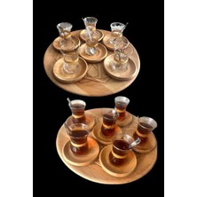 Ceylan Adam Ahşap Motif Işlemeli Yuvarlak Çay Tepsisi ve 6 Tane Çay Tabağı