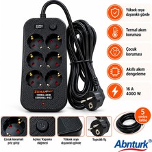 Abnturk 4000W Termal Akım Korumalı 6\'lı Siyah PRIZ-16A 5 Metre Kablolu Isıya Karşı Dayanıklı Açma Kapama Düğmeli Çoklu Priz