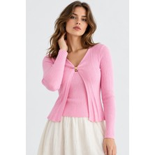 Mevese Kadın 2'li Takım Fitilli Triko Bluz ve Atlet Kaşmir Dokulu Akrilik Set - Pembe