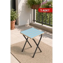 Bino 1 Adet Ahşap Oturaklı Katlanabilir Tabure Metal Ayaklı Portatif Mutfak Balkon Taburesi Mavi