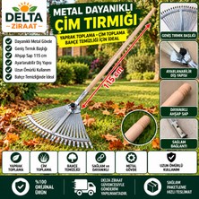 Delta Ziraat Metal Çim Tırmığı Ayarlanabilir Dişli Yaprak Toplama Tırmığı ve Ahşap Sap