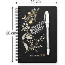 Str Store Schwarz Foil Siyah Sayfalı Sert Kapak Spiral Defter, Beyaz Kalem Hediyeli, 60 Sayfa, 14×20 Cm, Gold, Beyaz Folyo Çiçek Desenli Siyah Kapak, Tam Açılabilir Spiral Cilt, Günlük Not Için Premium Defter