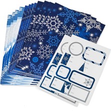 Str Store Düz Noel Sarma Kağıt Çarşaflar Tersinde Kesik Çizgiler ve Hediye Etiketi Mühürleri (12 Katlı Sayfa, 16 Çıkartma) Mavi ve Gümüş Kar Taneleri, Geyik Ormanı Sahnesi, Mavi Ekose Ekose