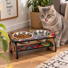 Str Store Anadolu Motifli Kedi Mama ve Su Kabı Çelik 2’li Set – Yükseltilmiş Ahşap Standlı Şık ve Dekoratif Kedi Beslenme Kabı