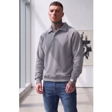 No 601 Reglan Kol Düğmeli Polo Yaka Erkek Sweatshirt - Lacivert Casual Sweat