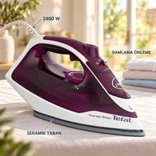 Tefal 2400 W Güç, 130 G/dk Şok Buhar ve 40 G/dk Sürekli Buhar, 270 ml Hazneli Seramik Tabanlı Damlama Önleyici Buharlı Ütü, Gömlek ve Ev Tekstili Için Kontrollü Ütüleme Express Steam FV2844