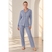 Gd Goldoremi 24549 Kadın Premium Önden Düğmeli Çizgili Uzun Kollu Pijama Takım
