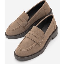 Marjin Kadın Loafer Günlük Klasik Ayakkabı Casual Makosen Fonle Vizon Süet