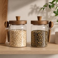 Kadıoğlu Ticaret 2'li Kaşıklı Akasya Kapaklı Cam Kavanoz Seti 700 ml Erzak Saklama