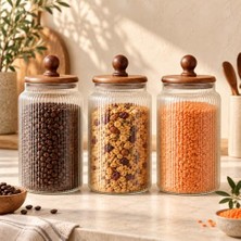 Kadıoğlu Ticaret 3'lü 1700 ml Akasya Kapaklı Çizgili Cam Kavanoz Saklama Seti