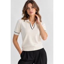 Mevese Kadın Yumuşak Kaşmir Dokulu Kısa Kollu Polo Yaka Triko Bluz - Ekru-Siyah