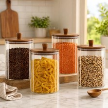 Kadıoğlu Ticaret 4'lü 2260 ml Borosilikat Cam Kavanoz Seti, Ahşap Kapaklı Büyük Boy Mutfak Saklama Kabı, Kahve, Bakliyat, Makarna, Kuruyemiş ve Tahıl Için Şık Cam Erzak Kavanozu