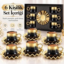 Kadıoğlu Ticaret 6 Kişilik 12 Parça Türk Kahvesi Fincan Seti 100 ml Siyah Gold Detaylı Porselen