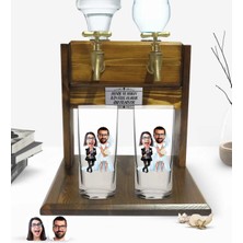 BK Gift Kişiye Özel Sevgililer Tasarımlı Ikili Rakı Bardağı ve Çift Musluklu Doğal Ahşap Rakı Standı-16