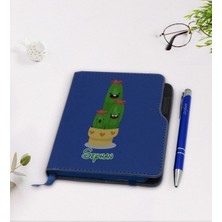 BK Gift Kişiye Özel Kaktüs Tasarımlı Lacivert Termo Deri Defter Kalem Seti-9