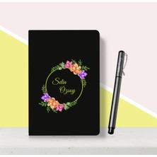 BK Gift Kişiye Özel Çiçek Desenli Siyah Defter Kalem Seti-6