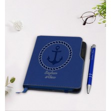 BK Gift Kişiye Özel Çapa Tasarımlı Lacivert Termo Deri Defter Kalem Seti-1