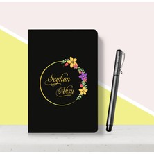 BK Gift Kişiye Özel Çiçek Desenli Siyah Defter Kalem Seti-1