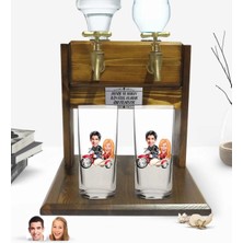 BK Gift Kişiye Özel Sevgililer Tasarımlı Ikili Rakı Bardağı ve Çift Musluklu Doğal Ahşap Rakı Standı-12