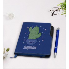 BK Gift Kişiye Özel Kaktüs Tasarımlı Lacivert Termo Deri Defter Kalem Seti-4