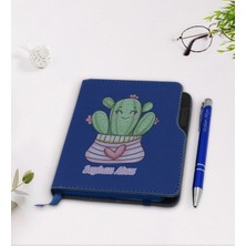 BK Gift Kişiye Özel Kaktüs Tasarımlı Lacivert Termo Deri Defter Kalem Seti-2