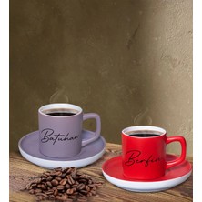 Bk Gift Kişiye Özel Isimli Gri ve Kırmızı Renk Ikili Türk Kahvesi Fincan SETI-105, Ev Hediyesi, Arkadaşa Hediye, Doğum Günü Hediyesi