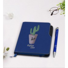 BK Gift Kişiye Özel Kaktüs Tasarımlı Lacivert Termo Deri Defter Kalem Seti-5