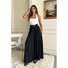 Nana & Mayka Moda Kadın Siyah Modal Yüksek Bel Bol Paça Kemerli Pantolon Etek
