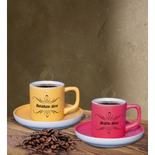 Bk Gift Kişiye Özel Isimli Sarı ve Fuşya Renk Ikili Türk Kahvesi Fincan SETI-113, Ev Hediyesi, Arkadaşa Hediye, Doğum Günü Hediyesi