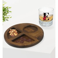 BK Gift Kişiye Özel Harfli Isimli Viski Bardağı ve Doğal Masif Ahşap Ceviz Yuvarlak Sunum Tabağı Çerezlik Hediye Seti-6