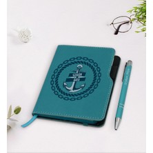 BK Gift Kişiye Özel Çapa Tasarımlı Turkuaz Termo Deri Defter Kalem Seti-2