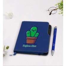 BK Gift Kişiye Özel Kaktüs Tasarımlı Lacivert Termo Deri Defter Kalem Seti-3